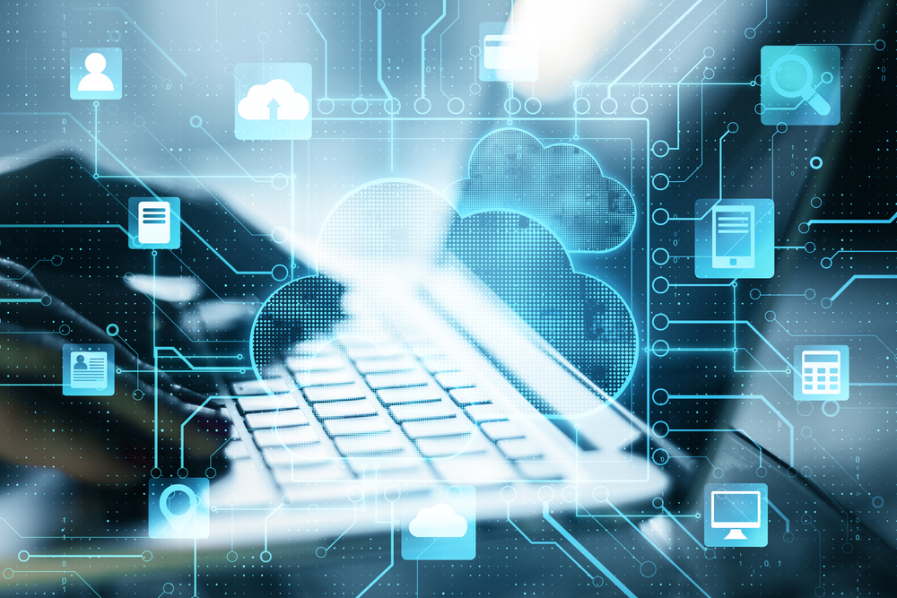 Cloud computer storage concept with digital screen with cloud service application items and fingers on laptop keyboard