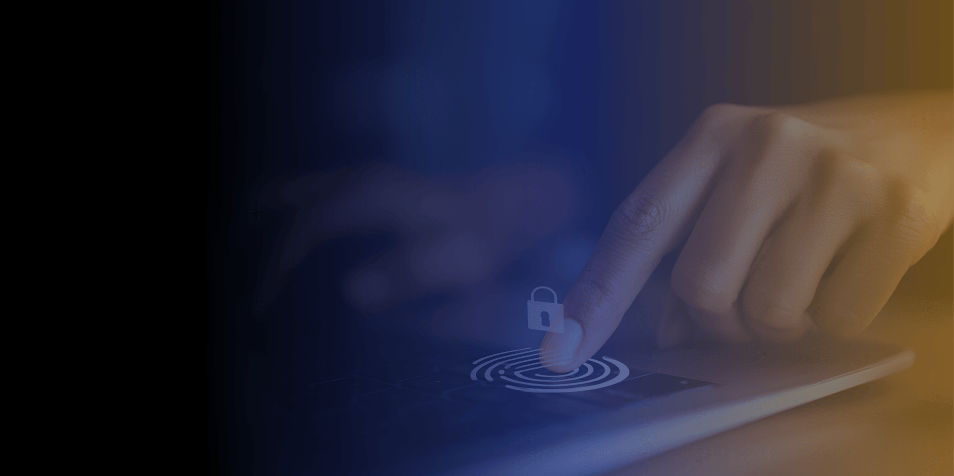 Cyber essentials header, person locking laptop with gradient